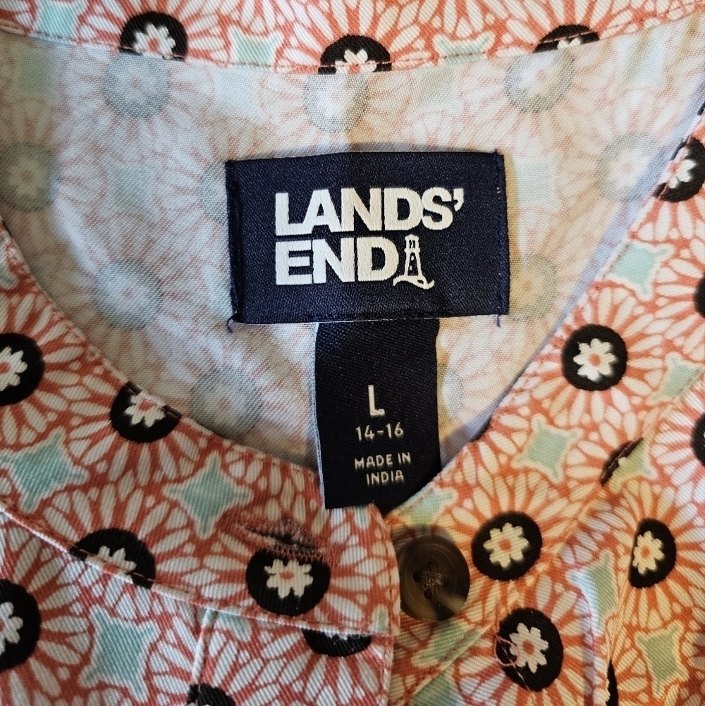 Lands End Womens Rayon Short Sleeve Button-Down Dress, Drawstring Waist Red Blue - Picture 11 of 15